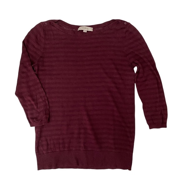 Loft Maroon 3/4 Sleeve Shoulder Button Burn Out Stripes Sweater Sz Med - Picture 1 of 6